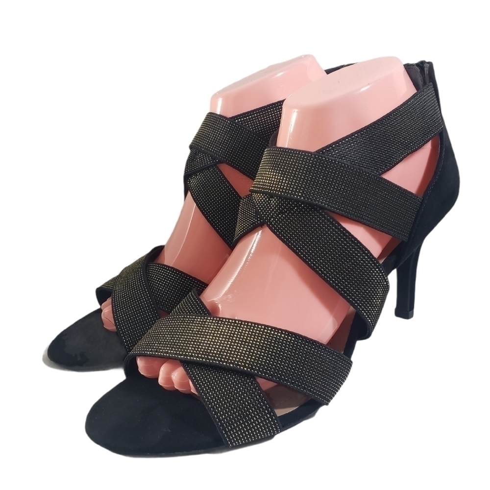 Style & Co Black Gold Shimmery Open Toe Heels 8.5M